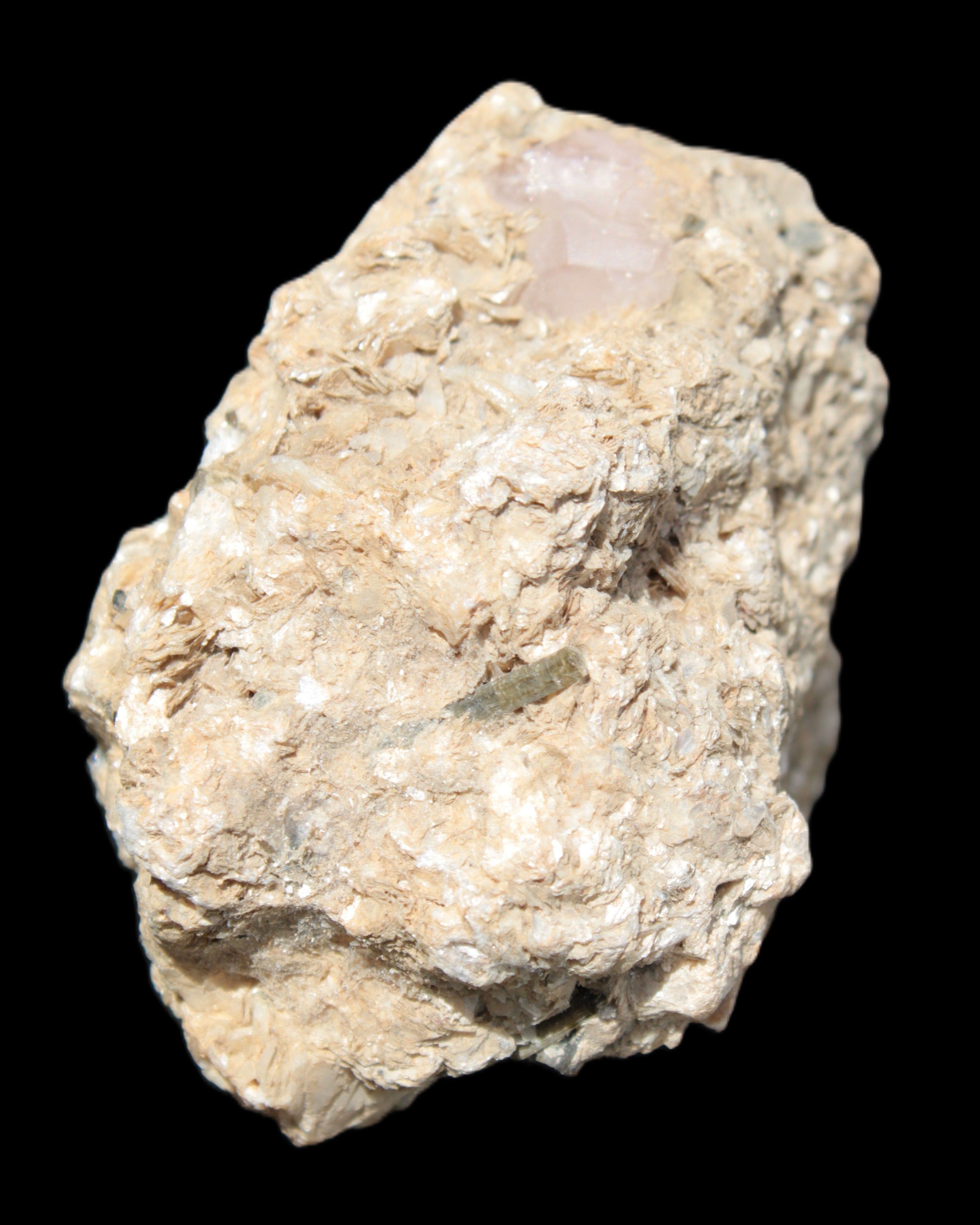 Pink Topaz with Green Tourmaline in Muscovite/Feldspar matrix 99.5g in sunshine - Rocks and Things Store