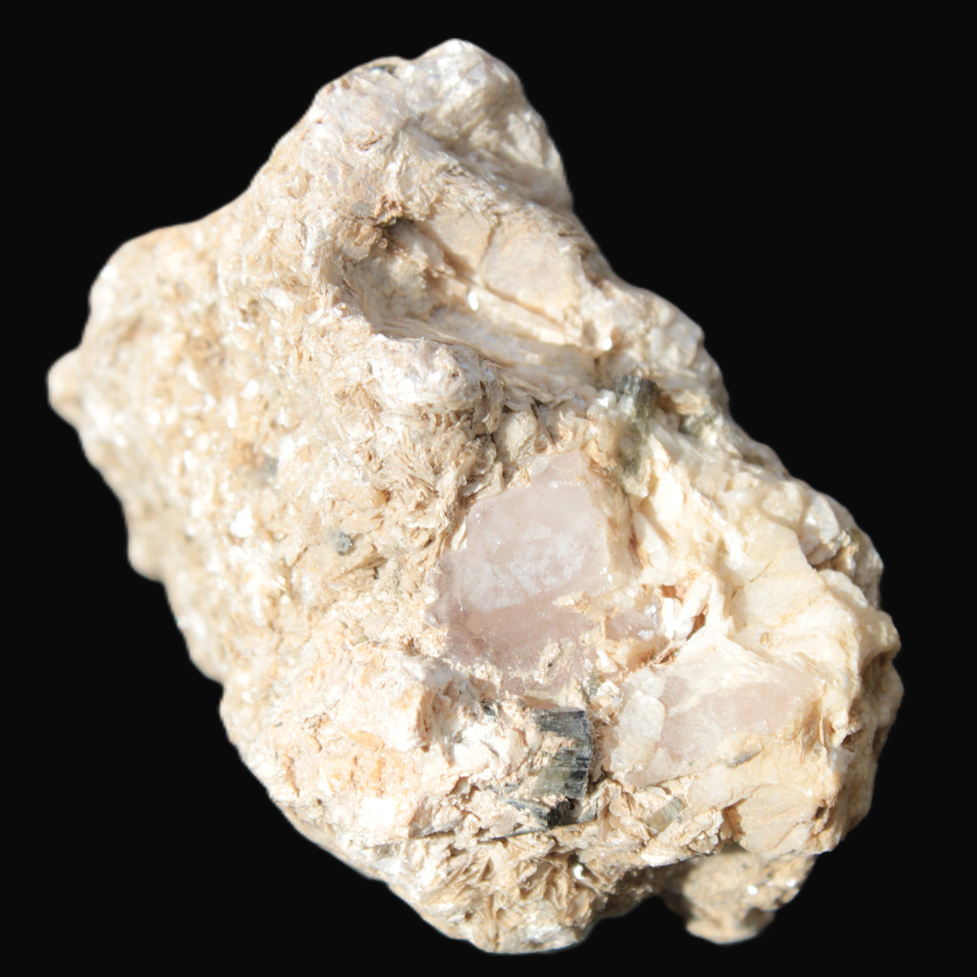 Pink Topaz with Green Tourmaline in Muscovite/Feldspar matrix 99.5g in sunlight  - Rocks and Things Store